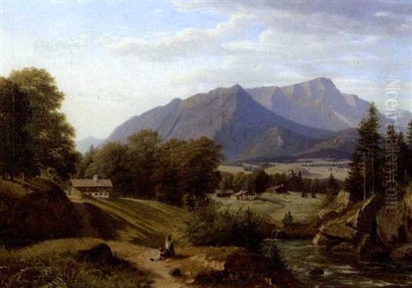 En Vandringsmand Holder Hvil Pa En Vej I Bjergene Oil Painting by Johann Georg Mohr