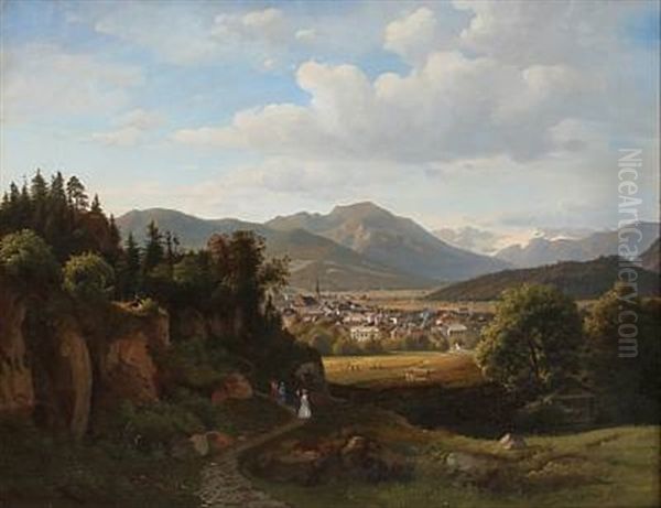 View Of A Town In Southern Germany, In The Foreground People Taking A Walk Oil Painting by Johann Georg Paul Mohr