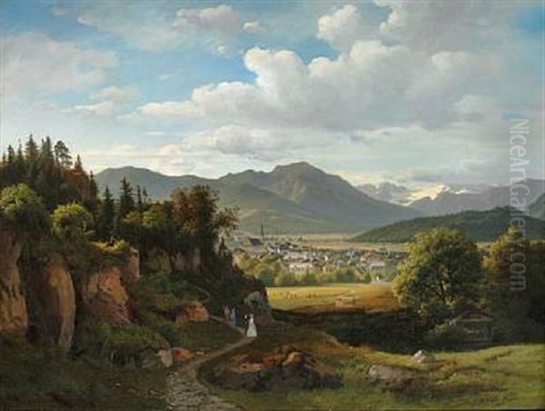 View Of A Town In Southern Germany, In The Foreground People Taking A Walk Oil Painting by Johann Georg Paul Mohr