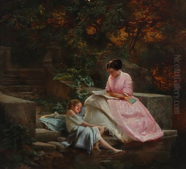 A Woman And Child On A Staircase Oil Painting by Bernhard Mohrhagen