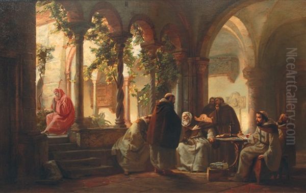 Monks Reading The Divine Comedy In The Presence Of Dante Oil Painting by Bernhard Mohrhagen