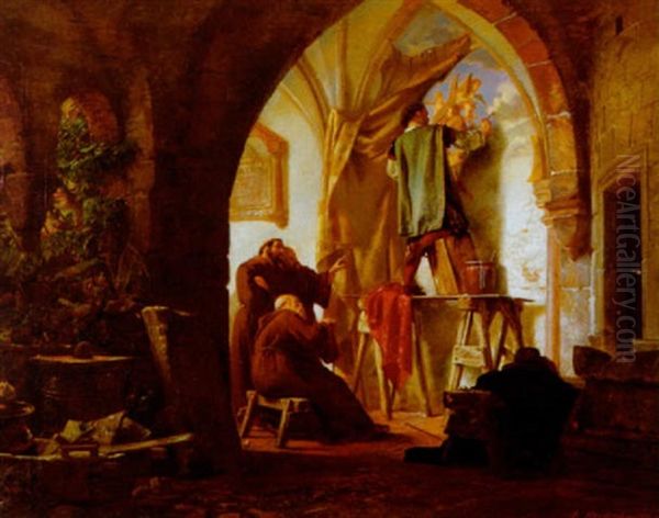 Klosterinterior Med Munke, Der Betragter En Kunstner I Faerd Med At Udfore Et Vaegmaleri Oil Painting by Bernhard Mohrhagen