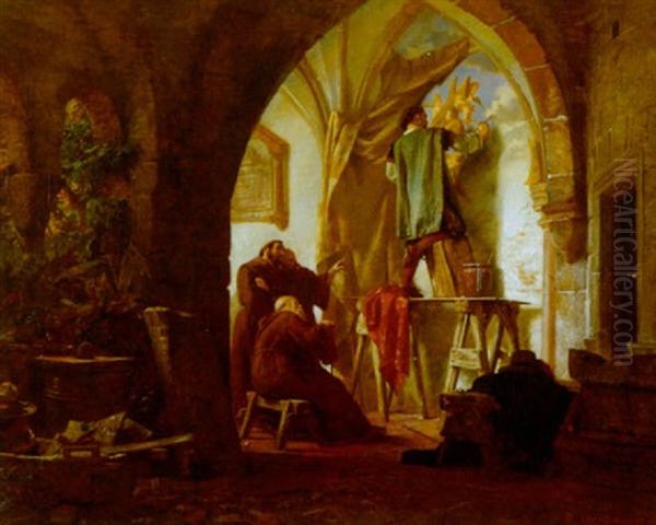 Klosterinterior Med Munke, Der Betragter Kunstmalers Arbejde Med Et Vaegmaleri Oil Painting by Bernhard Mohrhagen