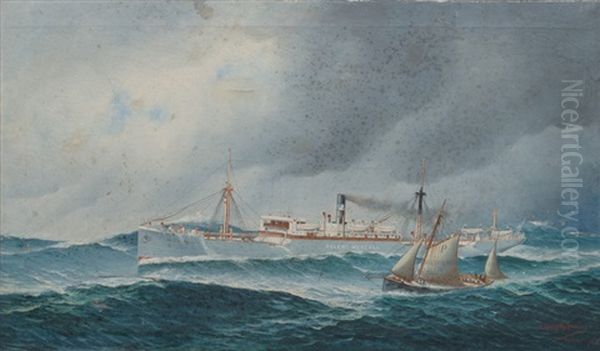 Portrait Of The Steamship Helene Menzell With A Pilot Boat Oil Painting by John Henry Mohrmann