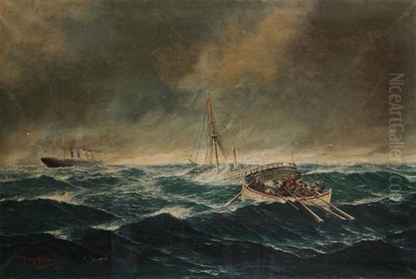 Shipwrecked People From The Two-master Eugene Borda/ Rescued By A Boat From The Antwerp Red Star Line Oil Painting by John Henry Mohrmann