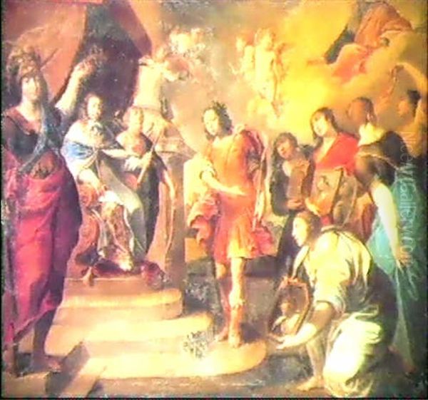 Louis Xiv Entre Minerve Et Eros Accueille Les Pretendantes Oil Painting by Isaac Moillon