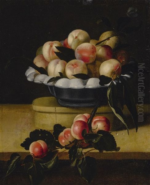 Still Life Of A Peaches In A Bowl Standing On A Wooden Box On A Ledge, An Apricot Branch Resting In The Foreground Oil Painting by Louise Moillon