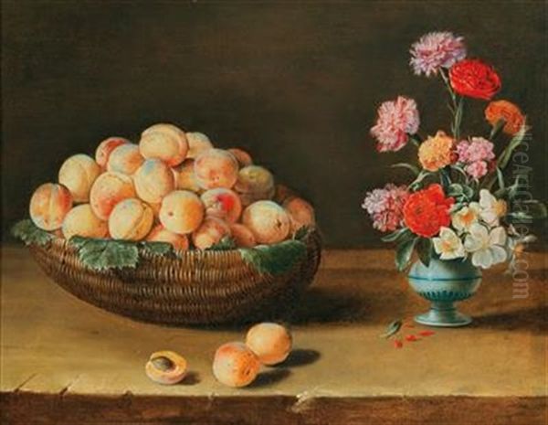 A Still Life Of Peaches In A Basket And A Vase With Flowers On A Ledge by Louise Moillon