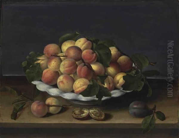 Apricots In A Ceramic Bowl, With Plums On A Stone Ledge Oil Painting by Louise Moillon