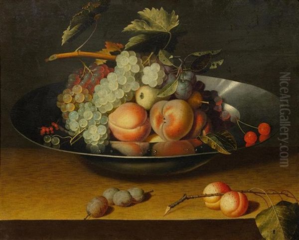 A Still Life With Peaches And Grapes, In A Bowl, On A Table Oil Painting by Louise Moillon