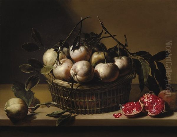 Nature Morte Au Panier De Bigarades Et Grenades Sur Un Entablement Oil Painting by Louise Moillon