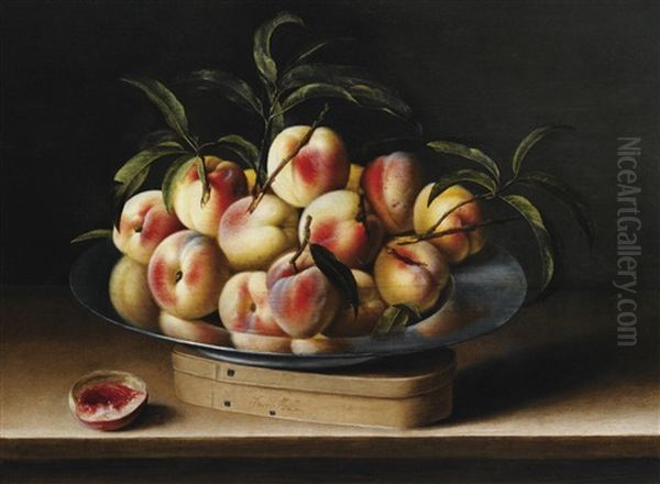 Nature Morte De Peches Sur Un Plat D'etain, Boite De Copeau Oil Painting by Louise Moillon