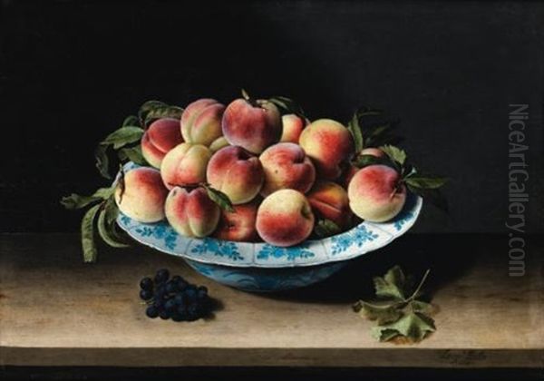 Nature Morte Aux Peches Dans Une Coupe De Porcelaine Bleu Blanc Ming Sur Un Entablement Oil Painting by Louise Moillon