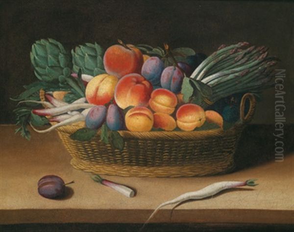 Stillleben Mit Zwetschken, Pfirsichen, Spargel Und Artischocken In Einem Korb Oil Painting by Louise Moillon