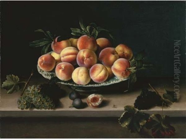 Peaches In A Faience Bowl With Grapes And Figs On A Stone Ledge Oil Painting by Louise Moillon