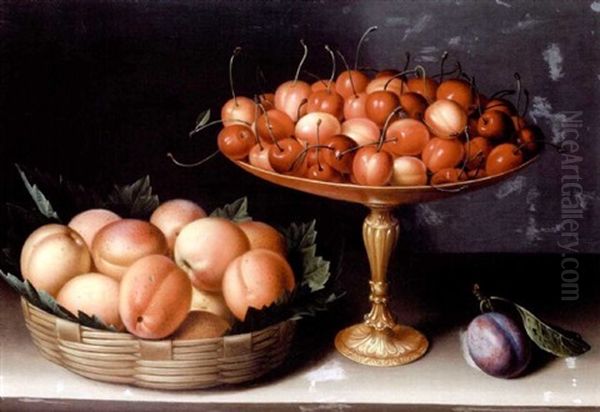 A Basket Of Apricots With A Silver Gilt Tazza Of Cherries And A Plum On A Table Top Oil Painting by Louise Moillon