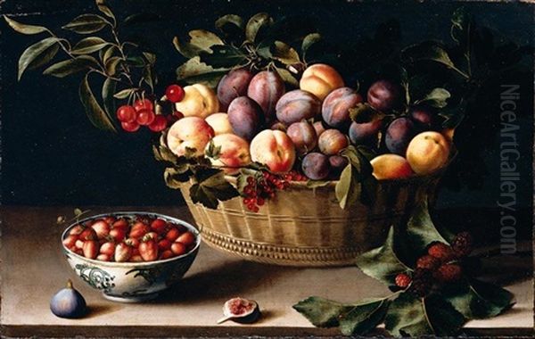 Still Life With A Basket Of Plums, Peaches, Cherries And Redcurrants, Together With Fraises-de-bois In A Porcelain Bowl, Figs And Mulberries On A Wooden Ledge Oil Painting by Louise Moillon