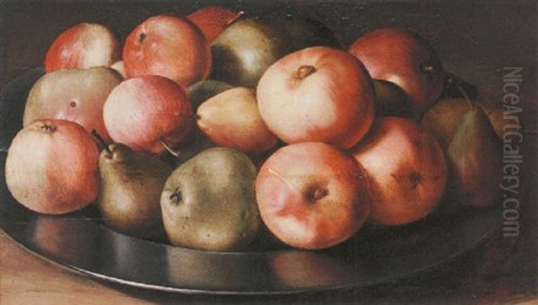 A Still Life Of Apples And Pears On A Silver Dish Oil Painting by Louise Moillon