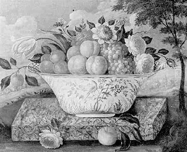 Peaches, Apricots, Grapes And Flowers In A Porcelain Bowl On A Granite Ledge In A Landscape Oil Painting by Louise Moillon