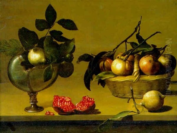 Apples In A Basket, An Open Pomegranate And Lemons In A Mounted Nautilus Shell On A Ledge Oil Painting by Louise Moillon