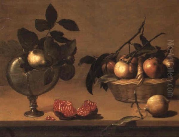 Apples In A Basket, An Open Pomegranate And Lemons In A Nautilus Shell Oil Painting by Louise Moillon