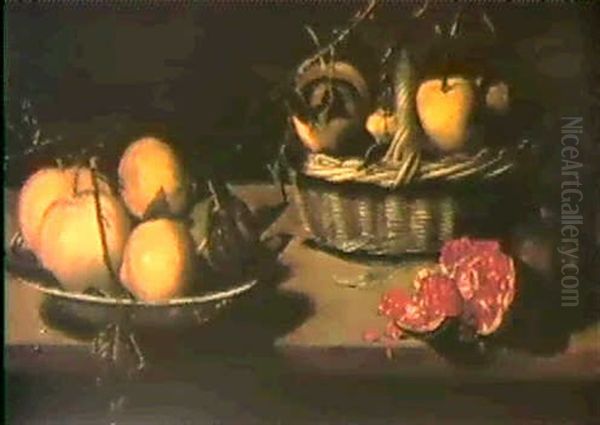 Nature Morte Avec Un Panier, Une Coupe De Fruits Et Une     Grenade Ouverte Oil Painting by Louise Moillon