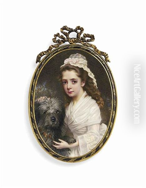 Marie Evelyn, Viscountess Byng Of Vimy, Nee Moreton (1870-1949), In White Dress With Fichu, Wearing Lace Cap With Ribbon, Her Dog Beside Her... Oil Painting by Eduardo De Moira