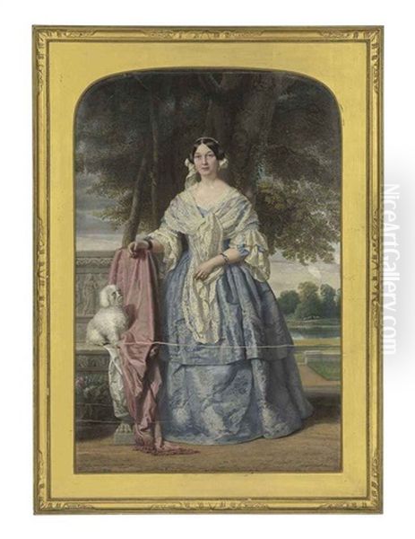 A Large Portrait Miniature Of A Lady (lady-in-waiting To Queen Victoria?), In A Landscape, In Lilac Silk Dress Embroidered With Flowers Oil Painting by Eduardo De Moira