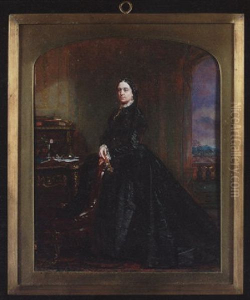 Mrs. Cole Wearing Black Dress, White Lace Collar And Cuffs, She Holds A Closed Fan In Her Right Hand, Interior Setting With Open Window... Oil Painting by Eduardo De Moira