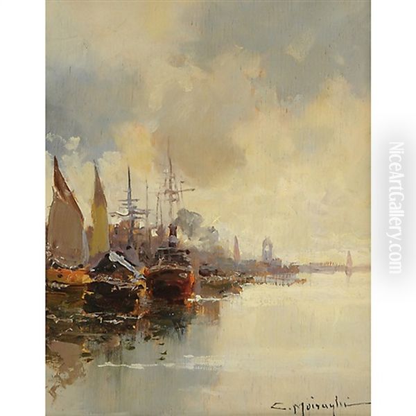 Porto Con Barche Oil Painting by Anacleto Moiraghi