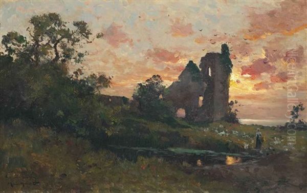 Reflections By The Ruins At Dusk Oil Painting by Maurice Moisset