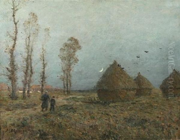 Haystacks At Sunset Oil Painting by Maurice Moisset