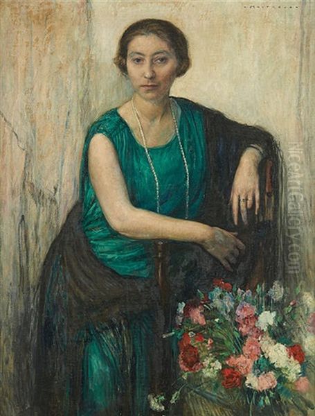 Jeune Femme Au Bouquet De Fleurs Oil Painting by Alfred Moitroux