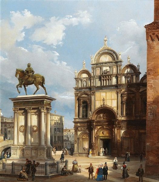 The Campo Santi Giovanni E Paolo In Venice With The Equestrian Monument To Bartolomeo Colleoni And The Scuola Grande Di San Marco In The Background Oil Painting by Federico Moja