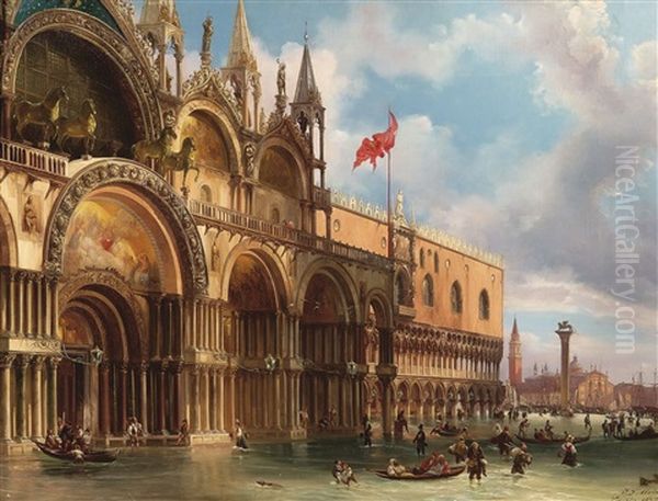 Venice, A View Of Saint Mark's Square With The Acqua Alta by Federico Moja