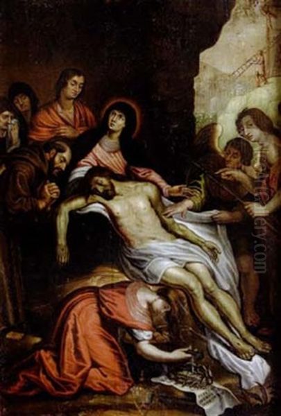 La Deploration Sur Le Christ Mort, Entoure De Saints Et D'anges Oil Painting by Pieter van Mol