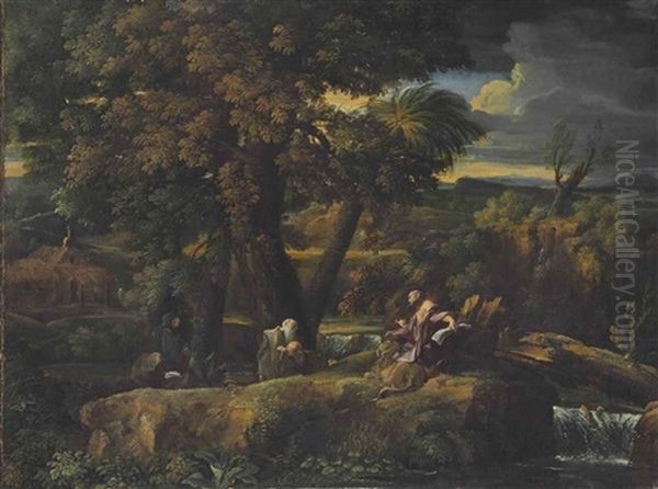 An Extensive River Landscape With Saint Jerome And A Group Of Monks Oil Painting by Pier Francesco Mola