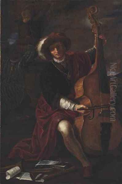 A Musician In A Plumed Hat Playing A Viola Da Gamba Oil Painting by Pier Francesco Mola