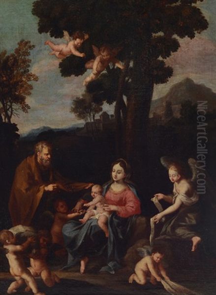 Infant Jesus, Mary, Winged Angel And Cherubs Oil Painting by Pier Francesco Mola