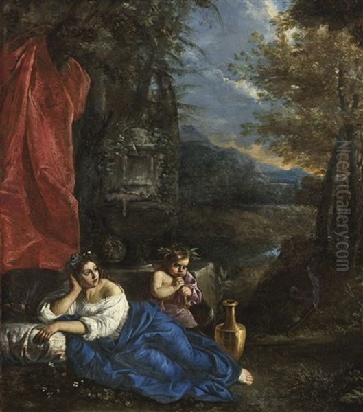 Flora And The Infant Bacchus In A Wooded Landscape Oil Painting by Pier Francesco Mola