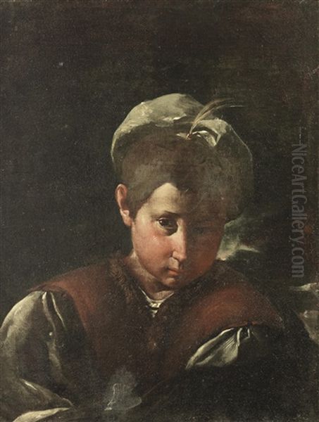 Portrait Of A Boy, Bust-length, In A Brown Waistcoat With A White Cap Oil Painting by Pier Francesco Mola