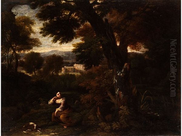 Baumlandschaft Mit Jungem Madchen An Einer Waldlichtung Mit Hundchen Oil Painting by Pier Francesco Mola