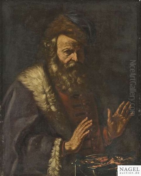 Allegorie Des Winters. Ein Alter Mann Warmt Sich An Einem Kohlenbecken Oil Painting by Pier Francesco Mola