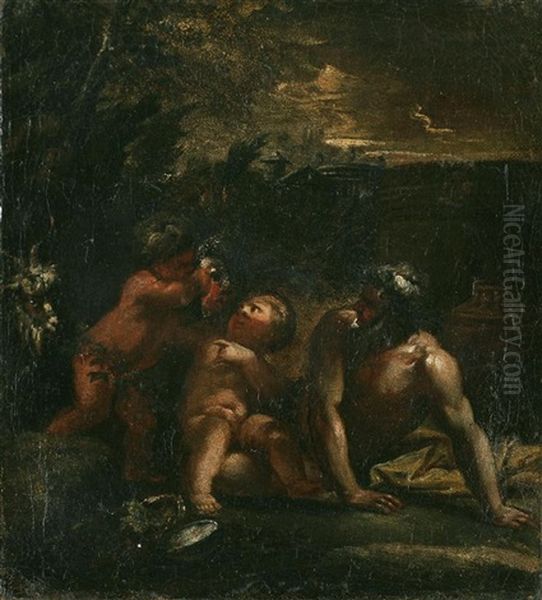 Personaggio Della Mitologia Con Due Putti, Sul Fondo Roma Antica Oil Painting by Pier Francesco Mola