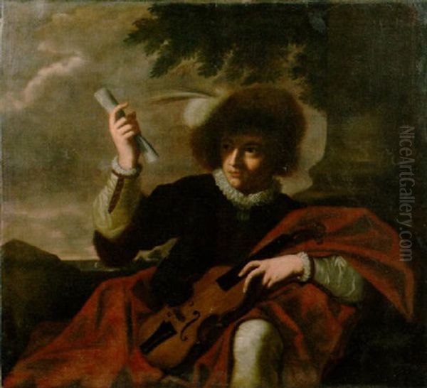 A Youth Holding A Violin And Scroll Of Music Oil Painting by Pier Francesco Mola