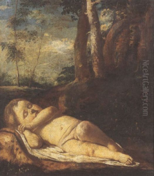 Bacco Bambino Dormiente In Paesaggio Oil Painting by Pier Francesco Mola