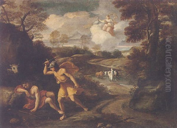 Mercury Slaying The Sleeping Argus, Juno Observing From A Cloud Above Oil Painting by Pier Francesco Mola