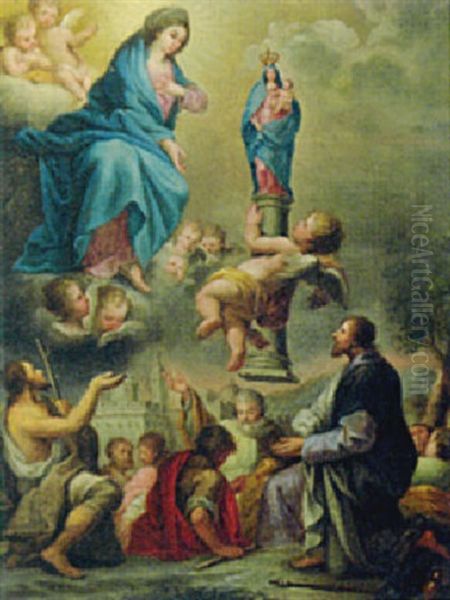 An Angel Presenting A Statue Of The Madonna And Child To The Madonna With John The Baptist And Other Saints Oil Painting by Pier Francesco Mola