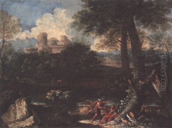 An Italianate River Landscape With Mercury Handing Paris The Apple Of Discord by Pier Francesco Mola