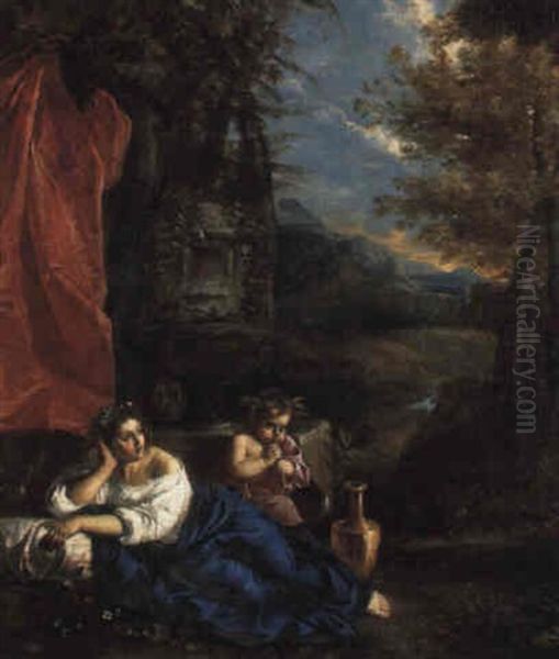 Flora And The Infant Bacchus In A Wooded Landscape by Pier Francesco Mola